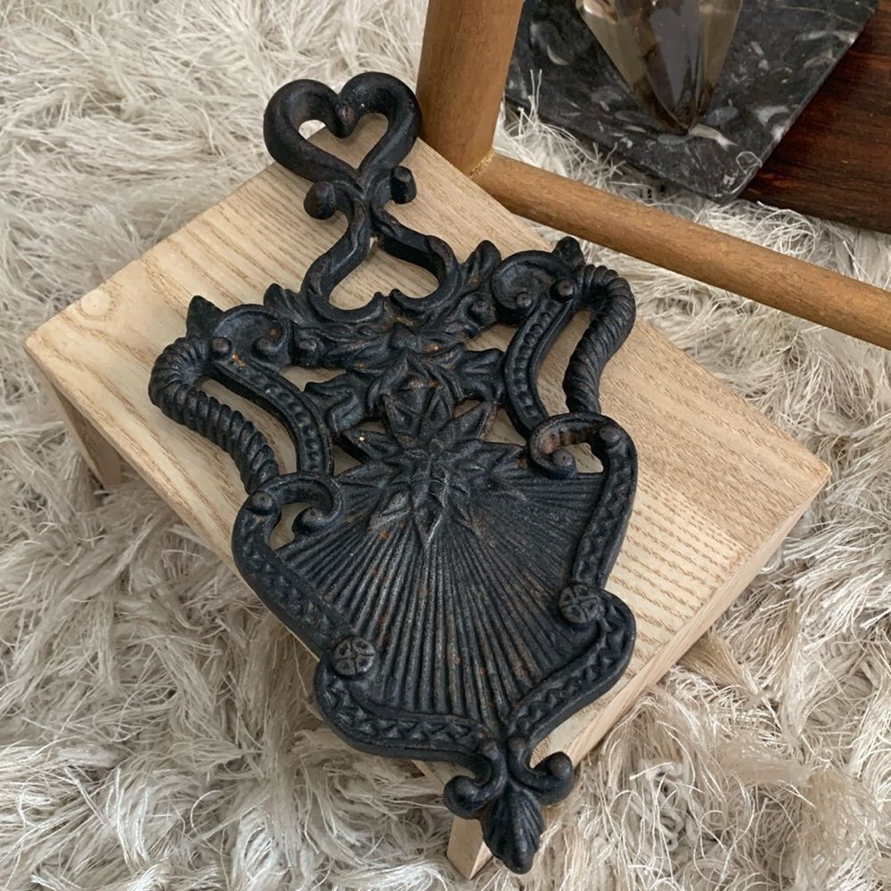 Vintage Faded Black Cast Iron Trivet Marked J.Z.H. 1948 Sunburst